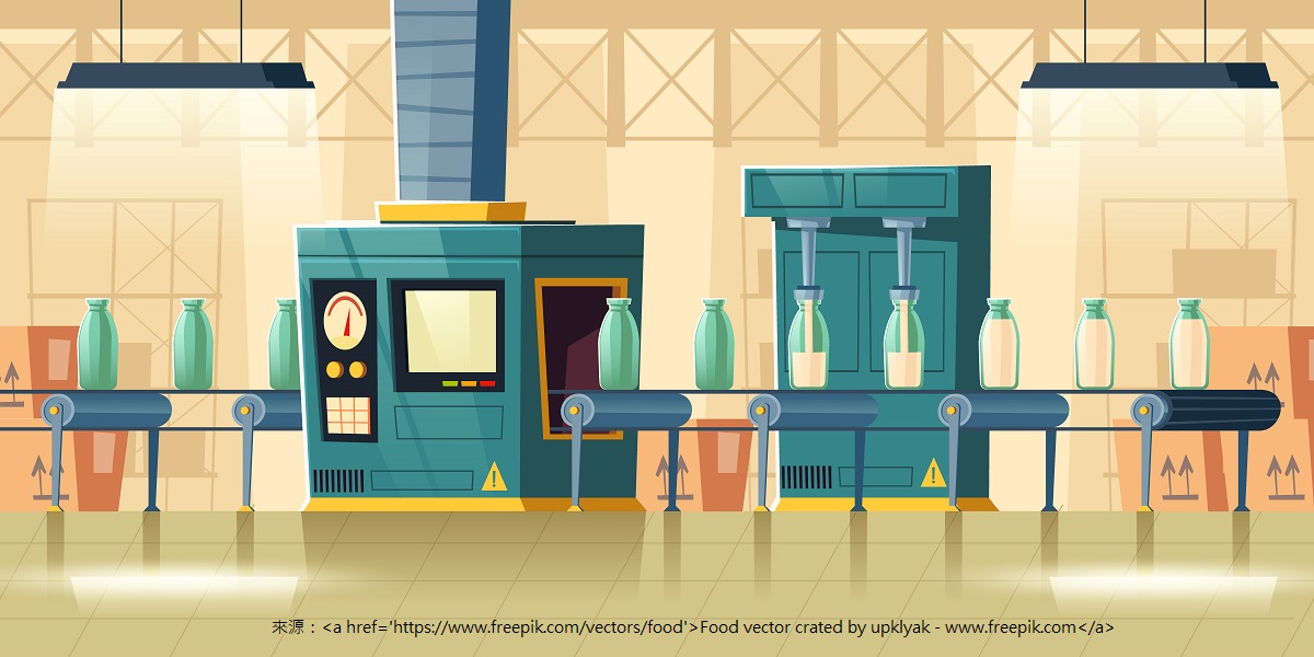 Milk factory interior, glass bottles on conveyor